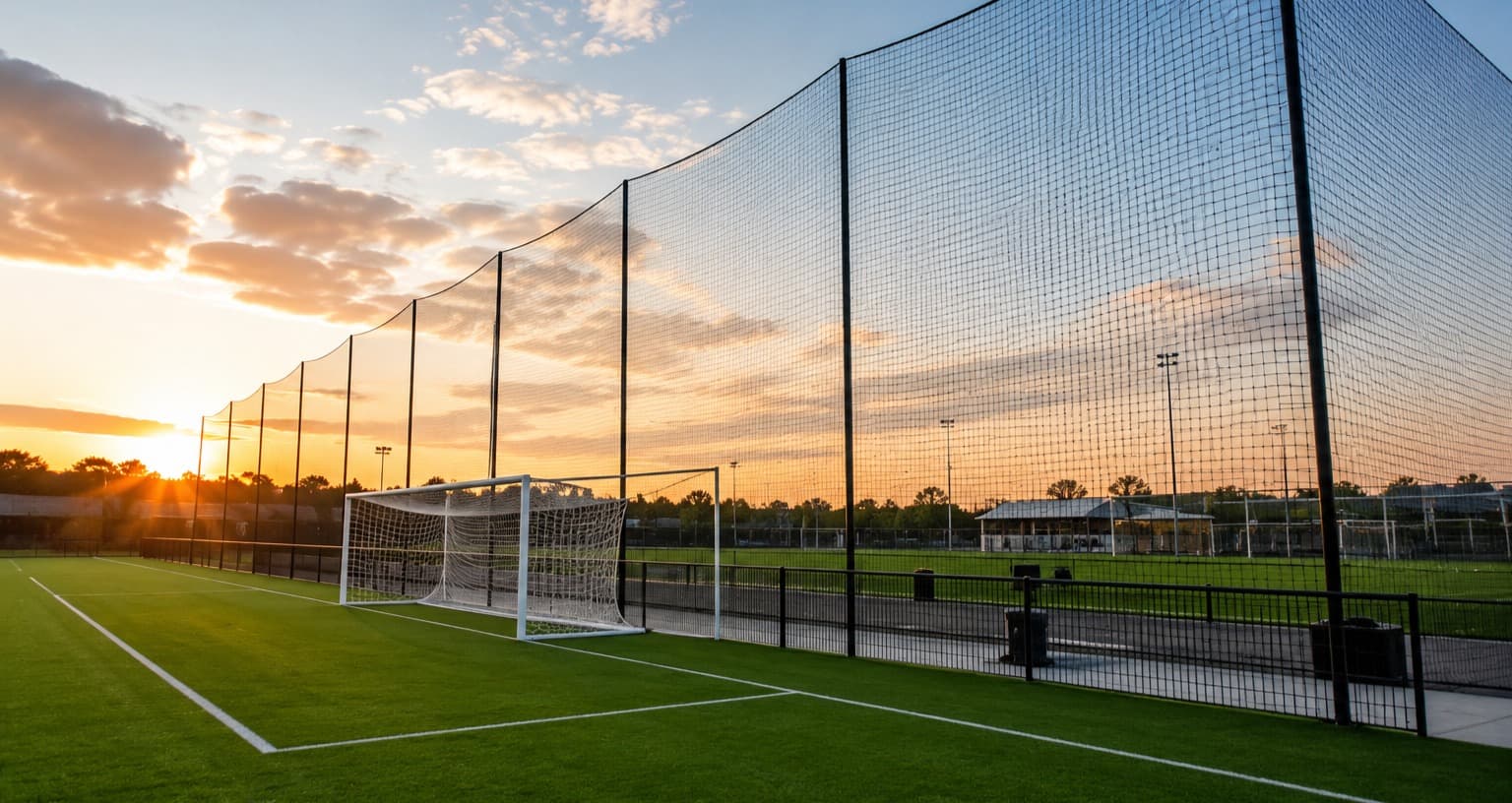 Ballenvangnetten achter een voetbaldoel op een sportaccommodatie